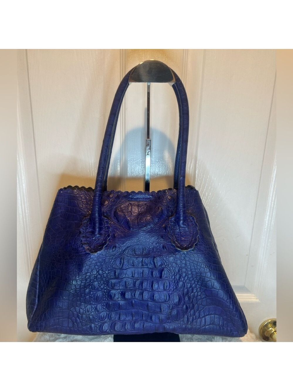 FURLA LEATHER (CANDY BAG) CROCODILE EMBOSSED SATCHEL TOTE PURPLE/BLUE - Picture 6 of 15